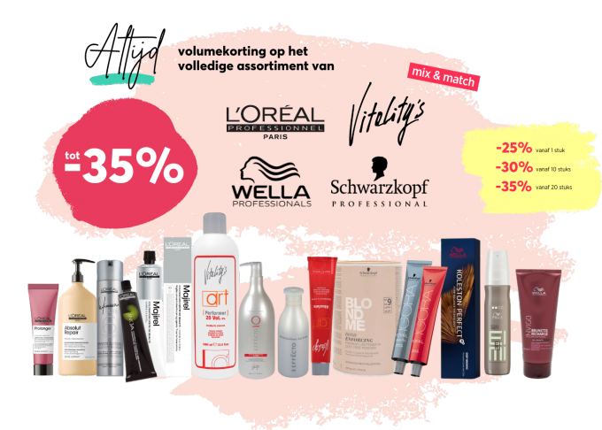 365 dagen voordeel: volumekorting tot 35% op L'Oréal, Vitality's, Wella & Schwarzkopf