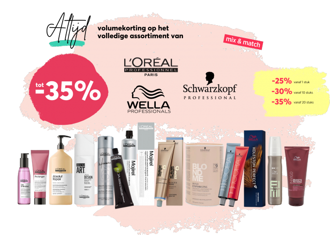 365 dagen voordeel: volumekorting tot 50% op L'Oréal, Schwarzkopf en Wella